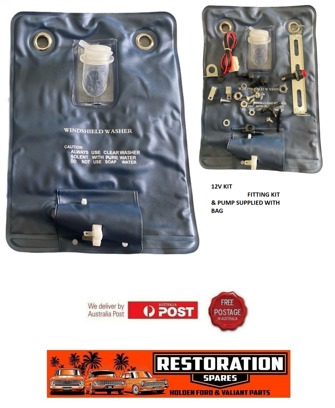 UNIVERSAL WIPER WASHER BAG AND MOTOR KIT  suits many applications  EASY TO HIDE  COMES WITH WIRING/SWITCH/HOSE/FITTING KIT AS PICTURED