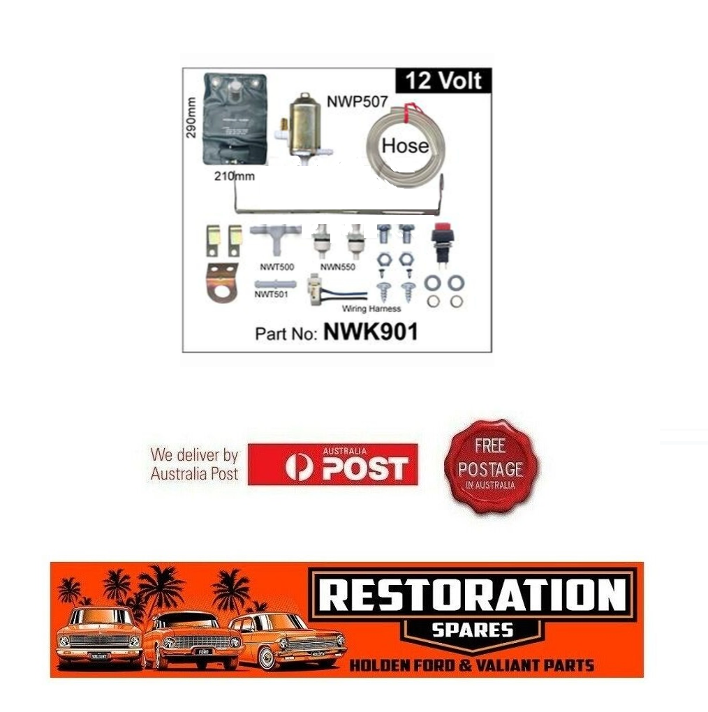 UNIVERSAL WIPER WASHER BAG AND MOTOR KIT  suits many applications  EASY TO HIDE  COMES WITH WIRING/SWITCH/HOSE/FITTING KIT AS PICTURED
