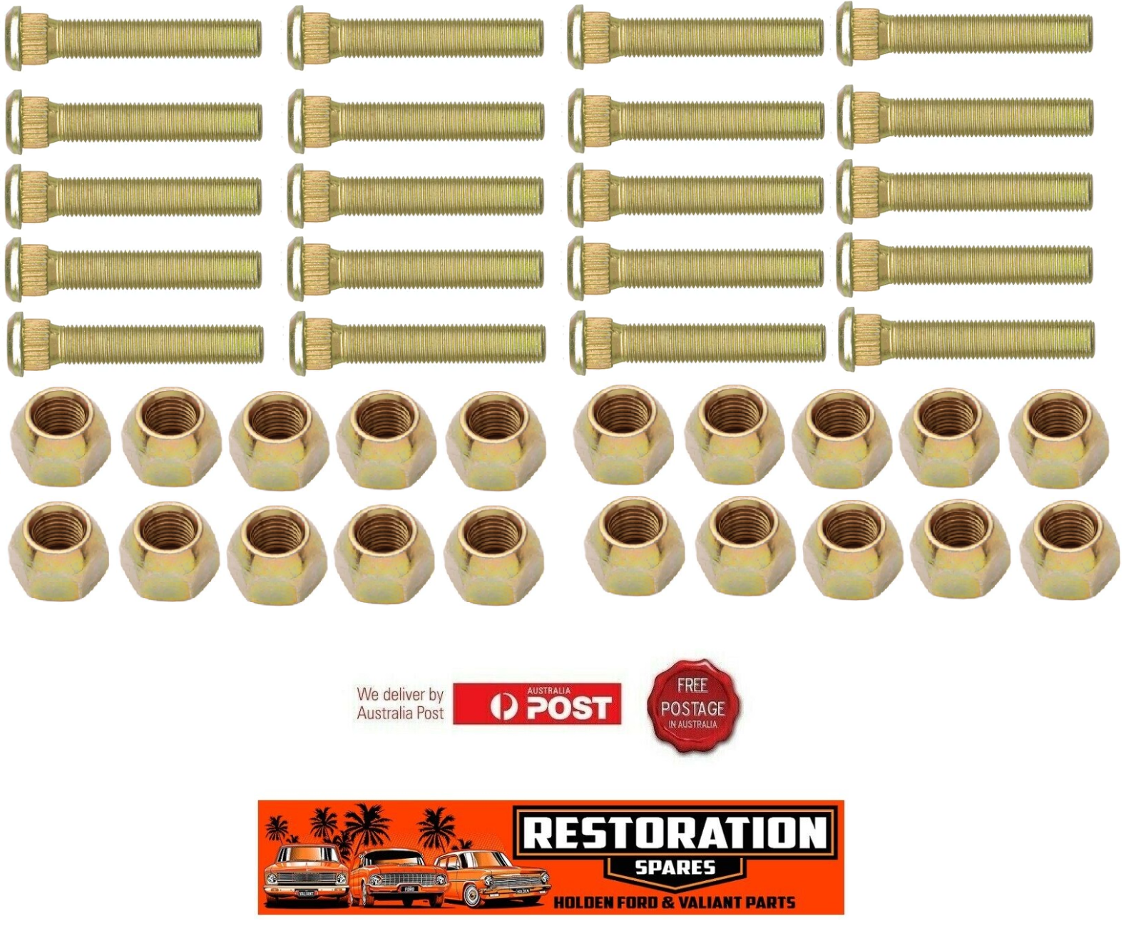 HOLDEN HQ HJ HX HZ WB PACK OF 20 WHEEL (LONG 72mm) STUD & NUTS KIT FRONT AND REAR