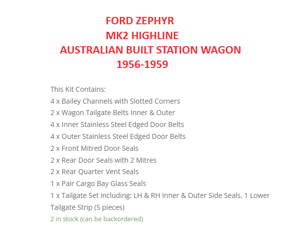 FORD ZEPHYR MK2 “HIGHLINE” AUSTRALIAN BUILT STATION WAGON MODELS ONLY 1956-1959 RUBBER KIT