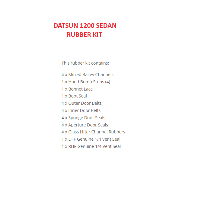 DATSUN 1200 4 DOOR SEDAN RUBBER KIT