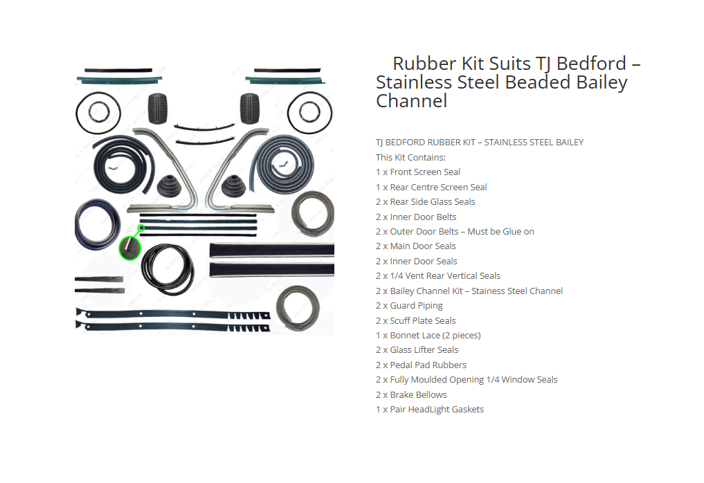 TJ BEDFORD TRUCK RUBBER KIT WITH STAINLESS BAILEY CHANNELS