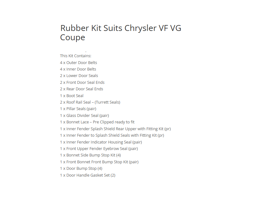 CHRYSLER VALIANT VF VG 2 door coupe BODY RUBBER KIT