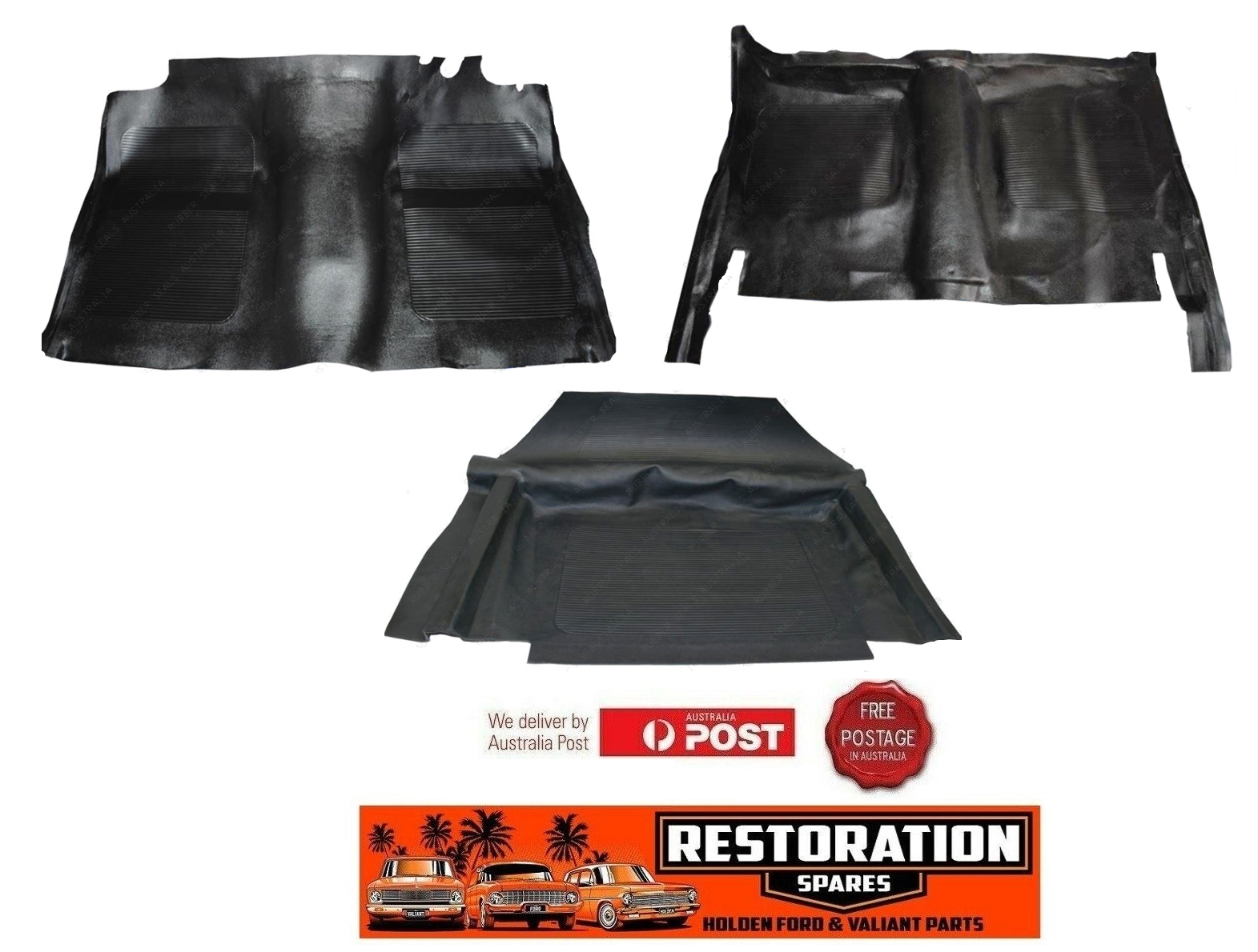 HOLDEN HK HT HG SEDAN ONLY FRONT REAR & BOOT BLACK MOULDED RUBBER FLOOR MAT